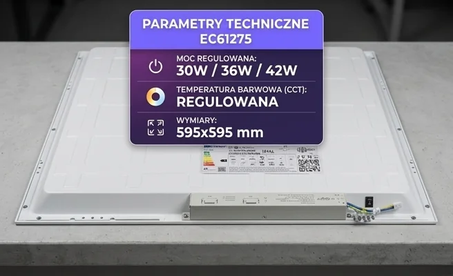 Panel LED Backlit EC61275 ECO LIGHT 595x595x30 mm - zdjęcie produktowe z przodu i z tyłu, zbliżenie na zasilacz i etykietę techniczną, jasne tło, wymiary długość 595 mm, szerokość 595 mm, wysokość 30 mm