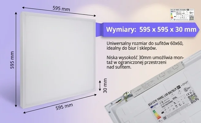 Panel LED EC61275 ECO LIGHT o wymiarach 595x595x30 mm - zdjęcie produktowe, jasne tło, proporcje kwadratowe