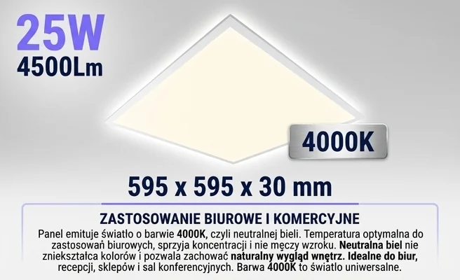 Panel LED 4000K EC61267, neutralna biel, zdjęcie produktowe na białym tle