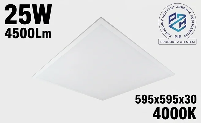 Panel LED kwadratowy 595x595x30 mm, kod EC61267, biały, realistyczna fotografia produktowa z widocznymi wymiarami i atestem PZH na białym tle