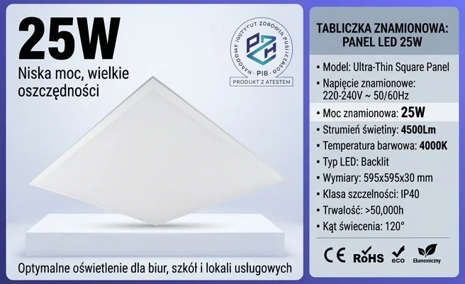 Panel LED 25W EC61267 energooszczędny, biały, zdjęcie produktowe na białym tle