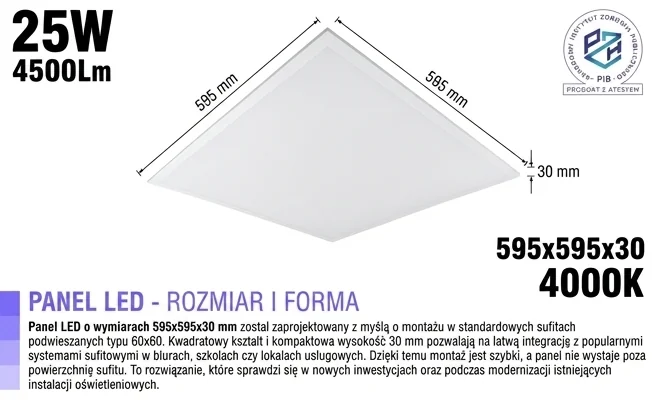 Panel LED kwadratowy 595x595x30 mm EC61267, zdjęcie produktowe na białym tle