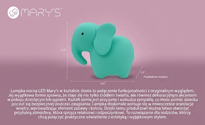 MARY'S LAMPKA NOCNA LED SŁOŃ TURKUSOWY MW61259 - zdjęcie produktu podkreślające unikalny kształt słonia