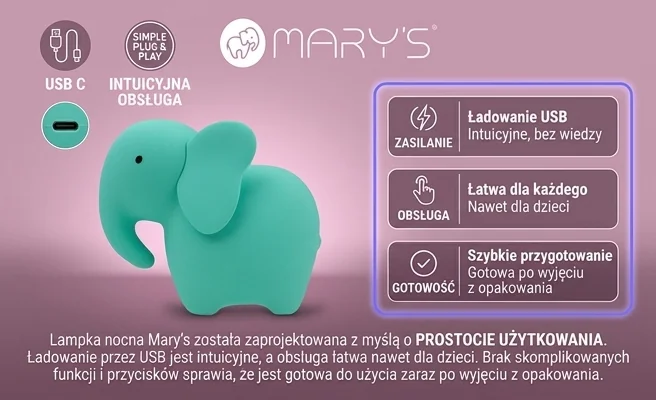 MARY'S LAMPKA NOCNA LED SŁOŃ TURKUSOWY MW61259 - zdjęcie produktu podkreślające prostotę obsługi
