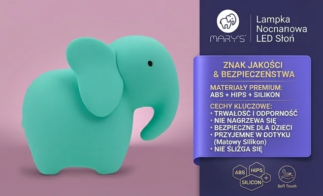 MARY'S LAMPKA NOCNA LED SŁOŃ TURKUSOWY MW61259 - zdjęcie produktu z detalem matowej powierzchni ABS, HIPS, silikon