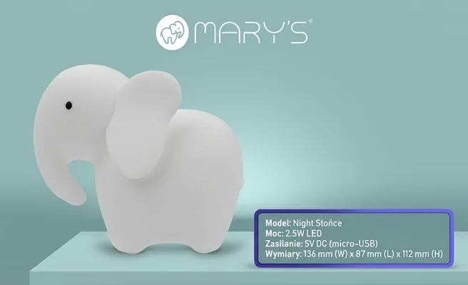 MARY'S MW61258 lampka nocna LED słonik biały RGB z pilotem, realistyczne zdjęcie produktowe z wymiarami: szerokość 136 mm, długość 87 mm, wysokość 112 mm, na jasnym tle