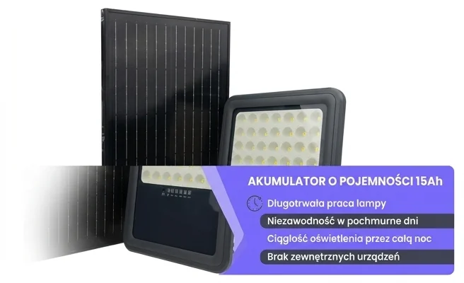 Naświetlacz LED z akumulatorem 15Ah ECO LIGHT EC61019 – realistyczne zdjęcie produktu z panelem solarnym na białym tle