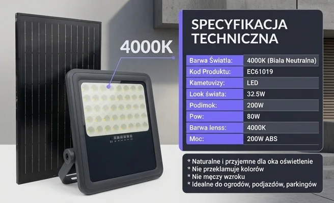 Naświetlacz LED 4000K ECO LIGHT EC61019 – realistyczne zdjęcie produktu z panelem solarnym na białym tle