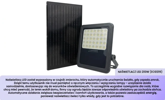 Naświetlacz LED z panelem solarnym ECO LIGHT EC61019 – realistyczne zdjęcie produktu z widoczną obudową na białym tle