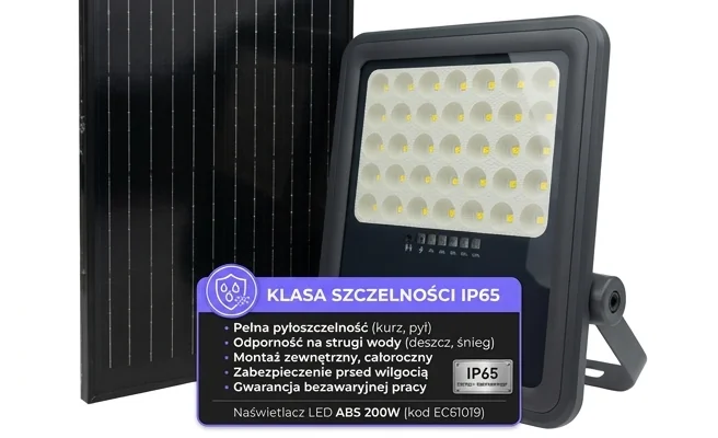 Naświetlacz LED IP65 ECO LIGHT EC61019 – realistyczne zdjęcie produktu z panelem solarnym na białym tle