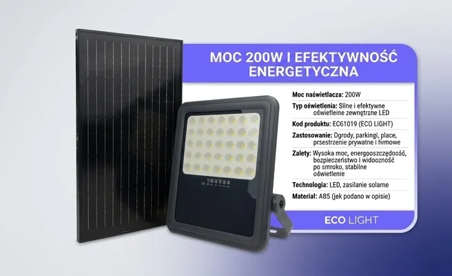 Naświetlacz LED ABS 200W ECO LIGHT EC61019 – realistyczne zdjęcie produktu z panelem solarnym, widoczne detale na białym tle