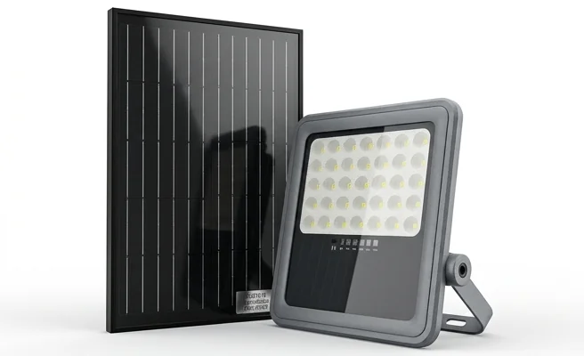 Naświetlacz LED z obudową ABS ECO LIGHT EC61019 – realistyczne zdjęcie produktu z panelem solarnym na białym tle
