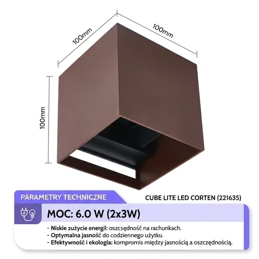 Kinkiet LED 2x3W 4000K IP65 corten CUBE LITE 221635 - zdjęcie prezentujące moc 6W, widok sześcianu na białym tle