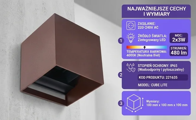 Kinkiet LED 2x3W 4000K IP65 corten CUBE LITE 221635 - realistyczne zdjęcie produktowe, widok sześcianu 100x100x100 mm na białym tle