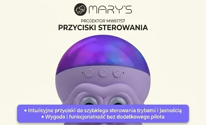 Sterowanie przyciskami w projektorze MARY'S MW61757 – zbliżenie na trzy okrągłe przyciski na froncie, realistyczna fotografia produktowa