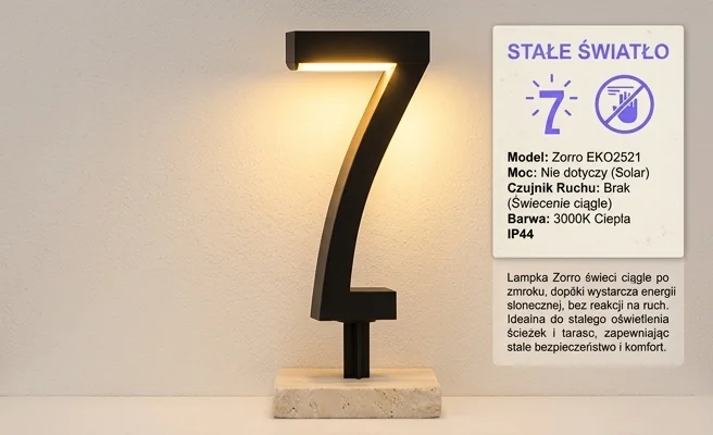 Lampka solarna Zorro 3000K IP44 EKO2521 – brak czujnika ruchu, światło ciągłe, realistyczne zdjęcie produktowe