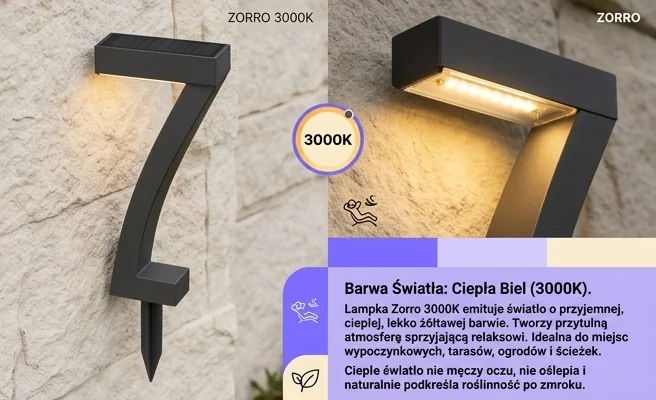 Lampka solarna Zorro 3000K IP44 EKO2521 – ciepła barwa światła 3000K, realistyczne zdjęcie produktowe