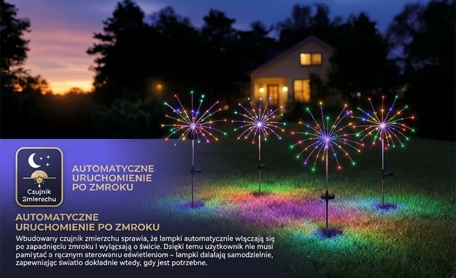 Lampki solarne Dragon RGB IP44 EKO2492 - cztery lampki automatycznie włączające się po zmroku w ogrodzie.