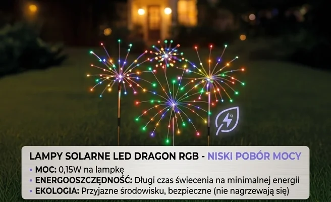 Lampki solarne Dragon RGB IP44 EKO2492 - cztery lampki LED o niskim poborze mocy świecące w ogrodzie.
