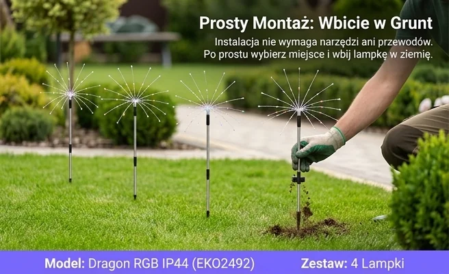 Lampka Solarna Dragon RGB IP44 EKO2492 - montaż przez wbijanie w grunt, cztery lampki w linii na trawniku.