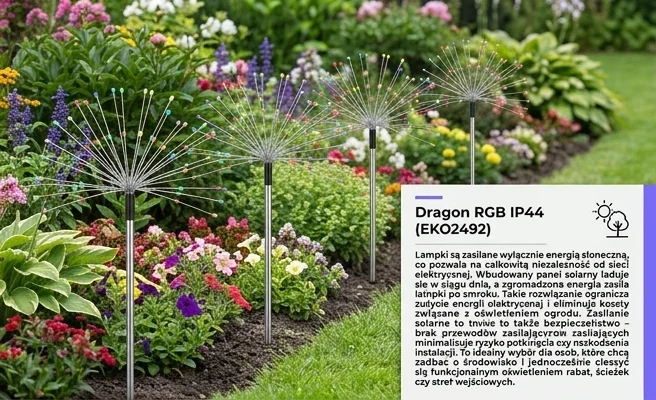 Lampki solarne Dragon RGB IP44 EKO2492 - cztery lampki przy rabacie kwiatowej, zasilane energią słoneczną.