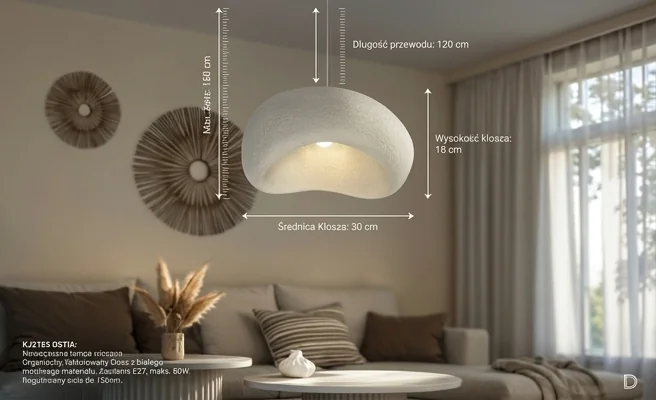 Lampa wisząca KJ2185 OSTIA Domeno, biała, średnica 30 cm, długość zwisu 150 cm, organiczny kształt, realistyczna fotografia w jasnym salonie, kod produktu 1690-uniw