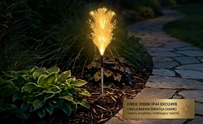 Lampka LED solarna Fiber 3000K IP44 EKO2498 Eko-Light o ciepłej barwie światła 3000K w ogrodzie