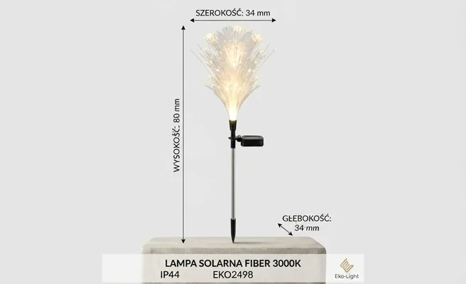 Lampka solarna Fiber 3000K IP44 EKO2498 Eko-Light - realistyczne zdjęcie katalogowe z widocznymi wymiarami: wysokość 80 mm, szerokość 34 mm, głębokość 34 mm