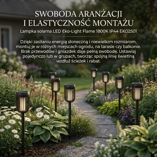 Lampka solarna LED Eko-Light Flame 1800K IP44 EKO2501 zamontowana w różnych miejscach ogrodu