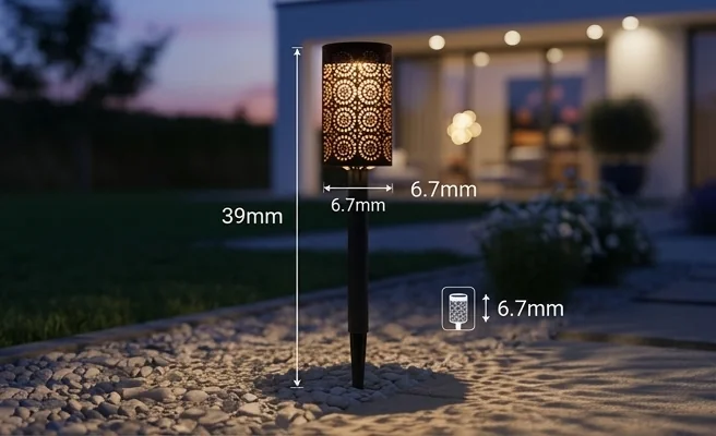 Lampka solarna Eko-Light EKO2502 - realistyczne zdjęcie katalogowe, cylindryczny klosz z ażurowym wzorem, wbita w ziemię, świecąca ciepłym światłem, widoczne wymiary produktu.