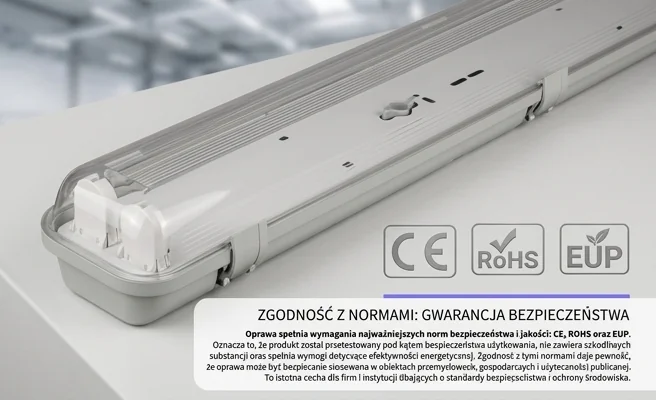 Oprawa LED T8 2x120cm ANLUX kod A OHTL-G-236 z oznaczeniami CE, ROHS, EUP