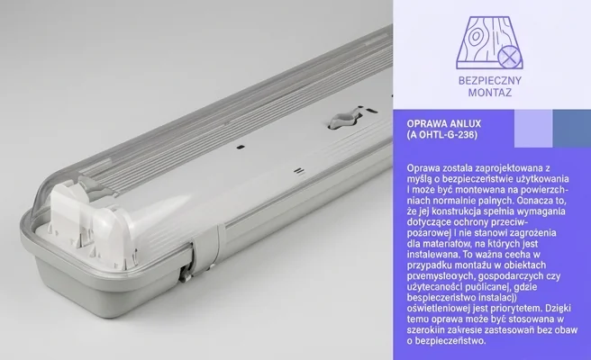 Oprawa LED T8 2x120cm ANLUX kod A OHTL-G-236 z możliwością montażu na powierzchniach palnych