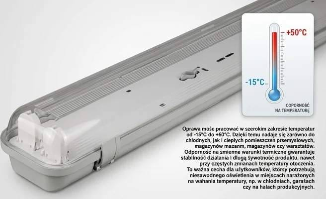 Oprawa LED T8 2x120cm ANLUX kod A OHTL-G-236 z zakresem temperatury pracy od -15 do +50°C
