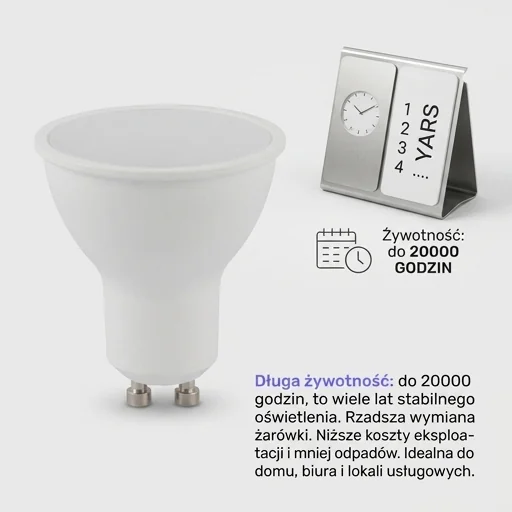 Żarówka LED GU10 EcoLight 8W EC79391 obok zegara, realistyczne zdjęcie na białym tle, symbol długiej żywotności 20000 godzin