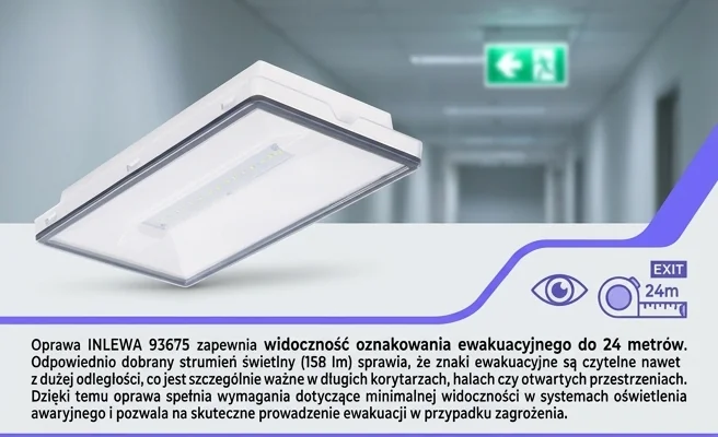 Oprawa awaryjna INLEWA 93675 widoczność 24 m – zdjęcie produktowe na tle korytarza