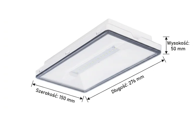 Oprawa awaryjna LED INLEWA 93675 – zdjęcie produktowe z wymiarami: długość 276 mm, szerokość 150 mm, wysokość 50 mm.