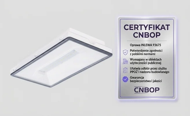 Oprawa awaryjna INLEWA 93675 certyfikat CNBOP – zdjęcie produktowe z symbolem certyfikatu