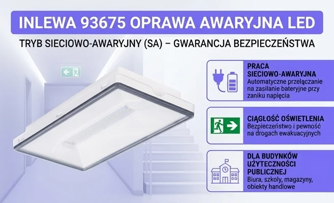 Oprawa awaryjna INLEWA 93675 tryb sieciowo-awaryjny – zdjęcie produktowe na tle korytarza ewakuacyjnego