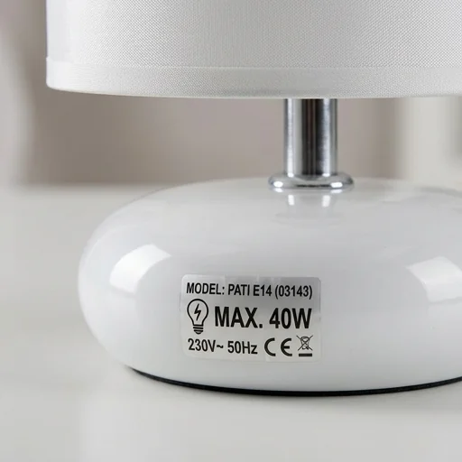 Biała lampka stołowa PATI E14 03143 z informacją o mocy do 40W, zdjęcie produktowe