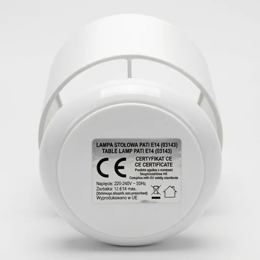 Certyfikat CE na białej lampce stołowej PATI E14 03143, zdjęcie produktowe