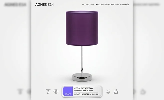 Purpurowa lampka nocna AGNES E14 03148 – wyrazisty klosz, widok frontalny, białe tło