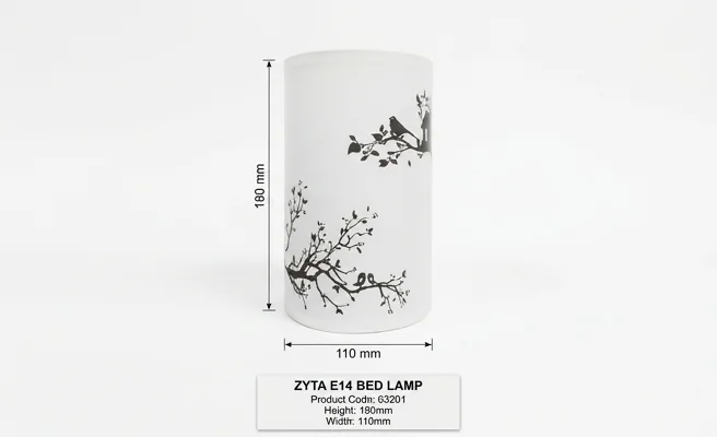 Biała lampka nocna ZYTA E14 03201, cylindryczny klosz z motywem gałęzi i ptaków, realistyczne zdjęcie produktowe z widocznymi wymiarami 180 mm wysokości i 110 mm szerokości