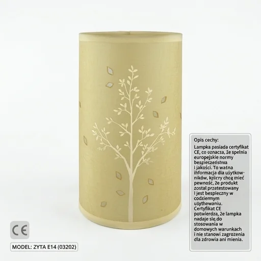 Żółta lampka nocna ZYTA E14 03202 z symbolem CE obok produktu, widok na wprost, na białym tle