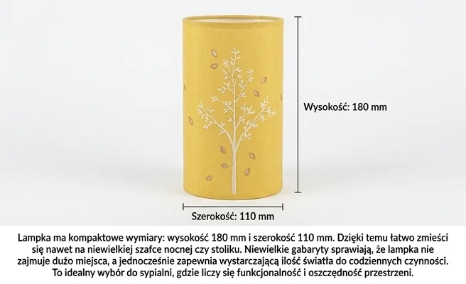 Żółta lampka nocna ZYTA E14 03202 o kompaktowych wymiarach 180 mm x 110 mm, widok na wprost, na białym tle