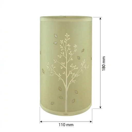Żółta lampka nocna ZYTA E14 03202 w kształcie walca, widok na wprost, z zaznaczonymi wymiarami: wysokość 180 mm, szerokość 110 mm, na białym tle.