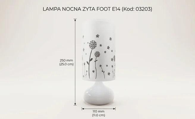 Biała lampka nocna ZYTA FOOT E14 03203 – realistyczna fotografia produktu z widocznymi wymiarami: wysokość 250 mm, szerokość 110 mm, na białym tle.