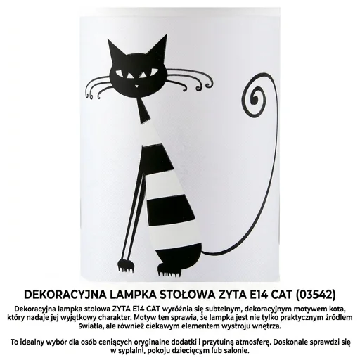 Lampka stołowa z motywem kota ZYTA E14 CAT 03542, detal dekoracyjny, fotografia produktowa