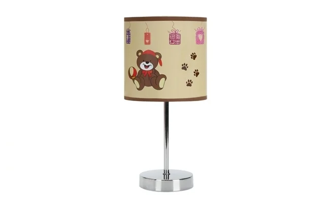 Brązowa lampka nocna dla dziecka NUKA E14 03650 z cylindrycznym abażurem, wysokość 310 mm, szerokość 150 mm, na białym tle – zdjęcie produktowe