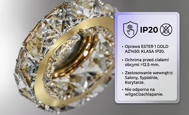 Oprawa sufitowa ESTER 1 GOLD AZ1450 z klasą ochronności IP20, detal na jasnym tle, realistyczna fotografia