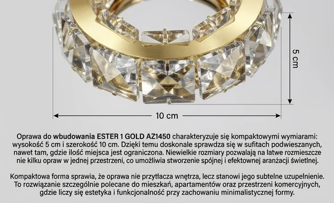 Kompaktowa oprawa sufitowa ESTER 1 GOLD AZ1450 o wymiarach 5x10 cm, detal na jasnym tle, realistyczna fotografia